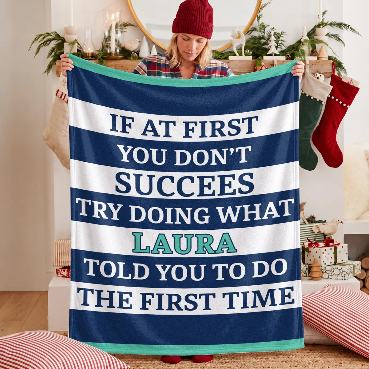 If At First You Don't Succeed Blue & White Striped Fleece Blanket LAURA 13K1 BK55