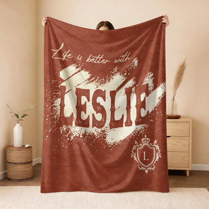 Life Is Better With Your Name Terracotta Cream Fleece Blanket LESLIE 13K1 BK30