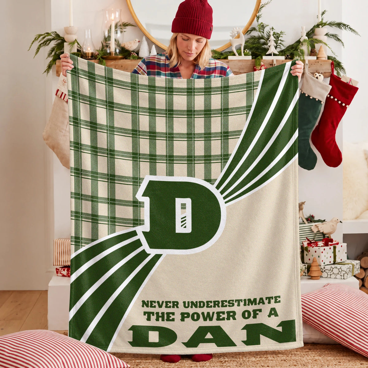 Never Underestimate Your Name Green & Cream Plaid Fleece Blanket DAN 13K1 BK50