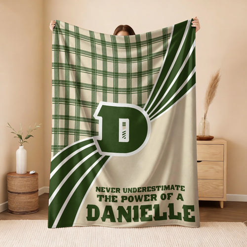 Never Underestimate Your Name Green & Cream Plaid Fleece Blanket DANIELLE 13K1 BK50