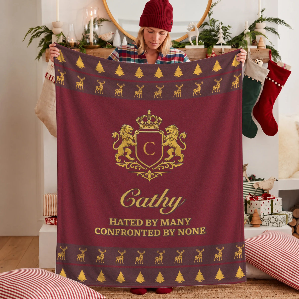 Hated By Many Confronted By None Burgundy Gold Christmas Fleece Blanket CATHY 13K1 BK33