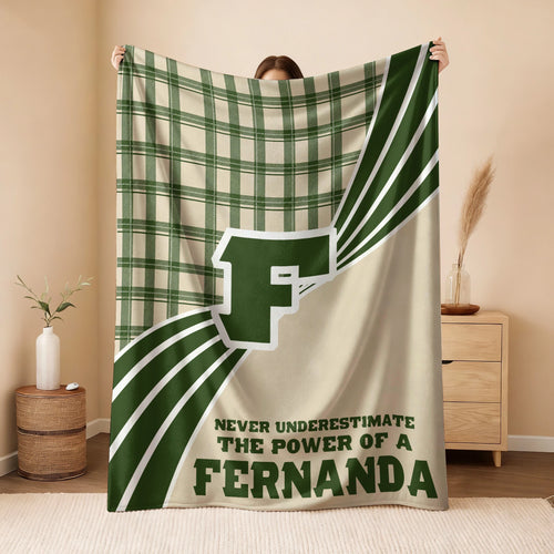 Never Underestimate Your Name Green & Cream Plaid Fleece Blanket FERNANDA 13K1 BK50
