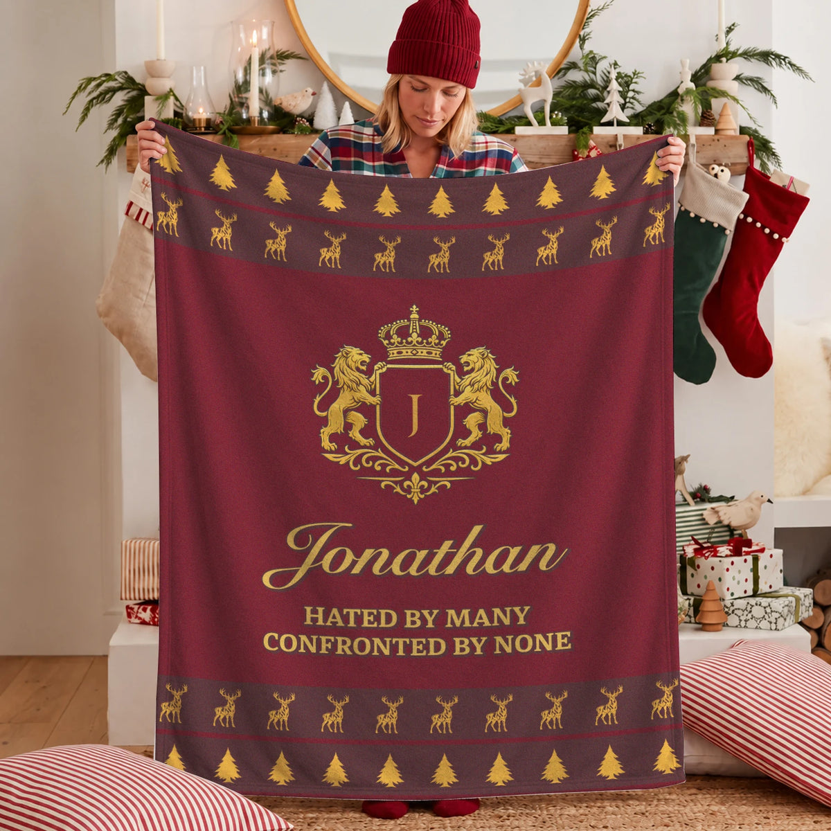 Hated By Many Confronted By None Burgundy Gold Christmas Fleece Blanket JONATHAN 13K1 BK33