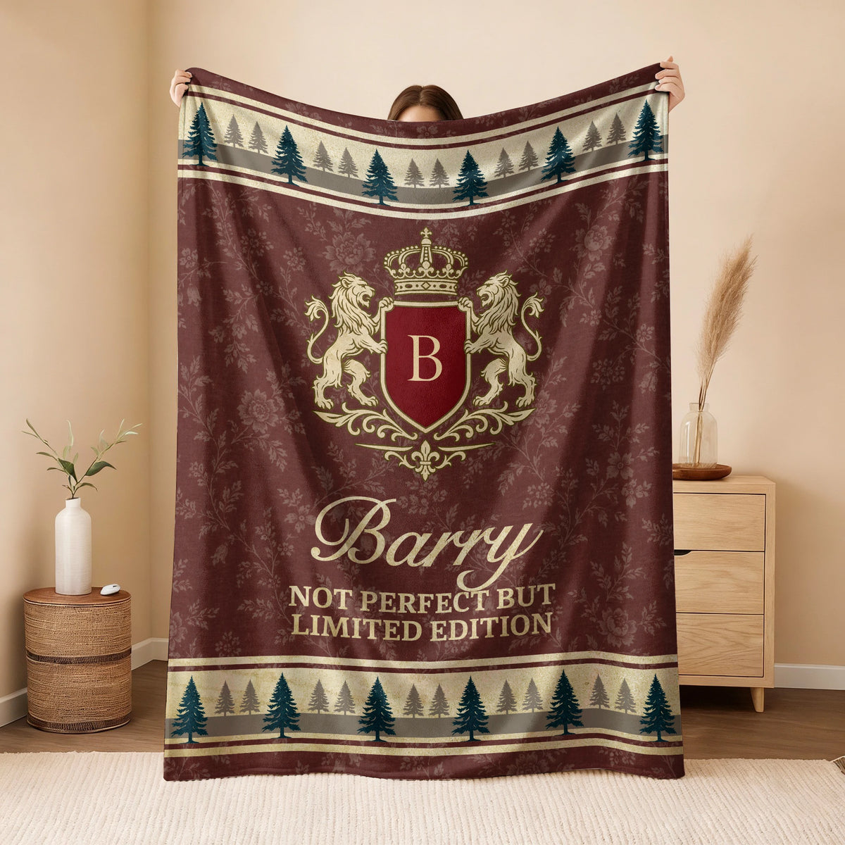 Not Perfect But Limited Edition Burgundy Pine Tree Fleece Blanket BARRY 13K1 BK41