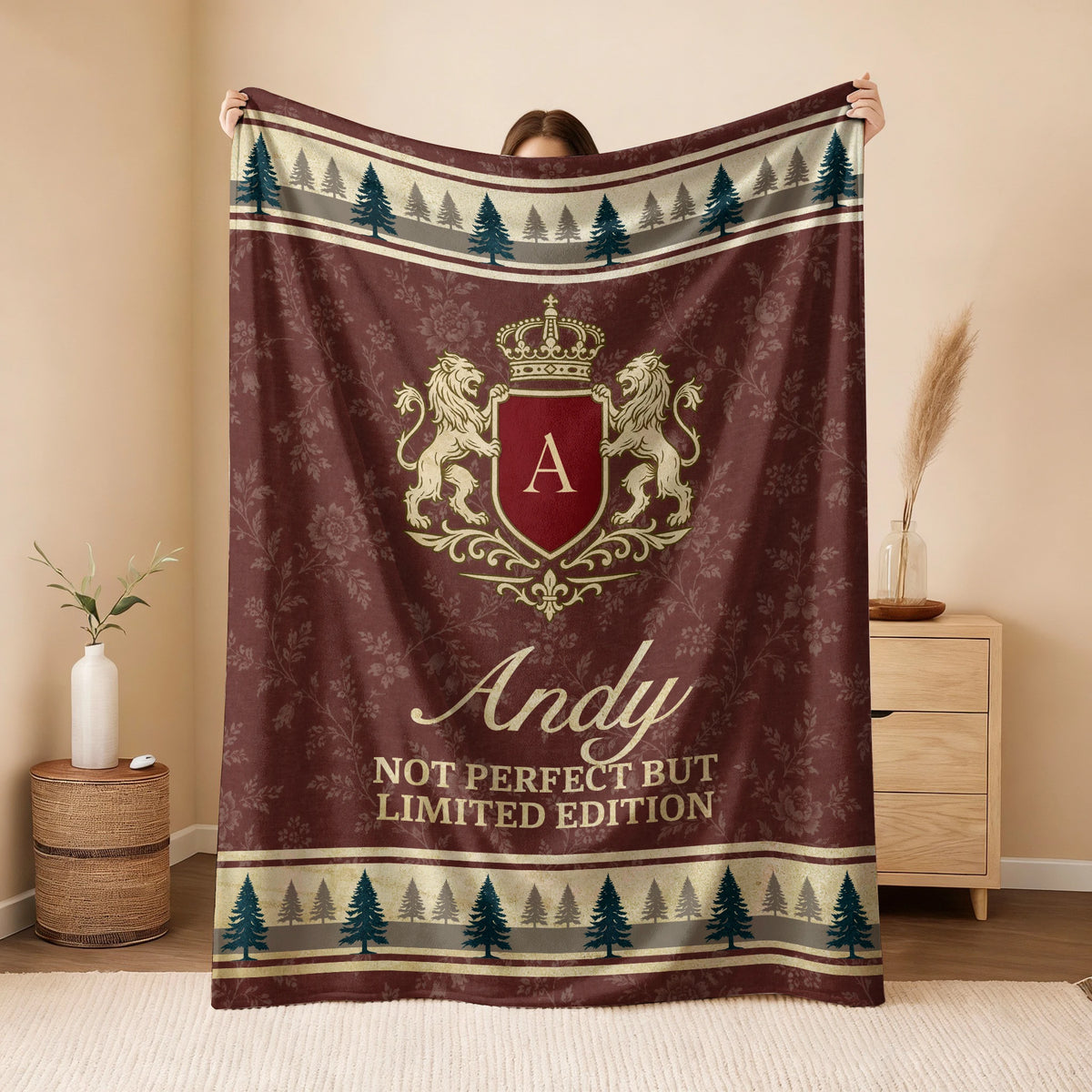 Not Perfect But Limited Edition Burgundy Pine Tree Fleece Blanket ANDY 13K1 BK41