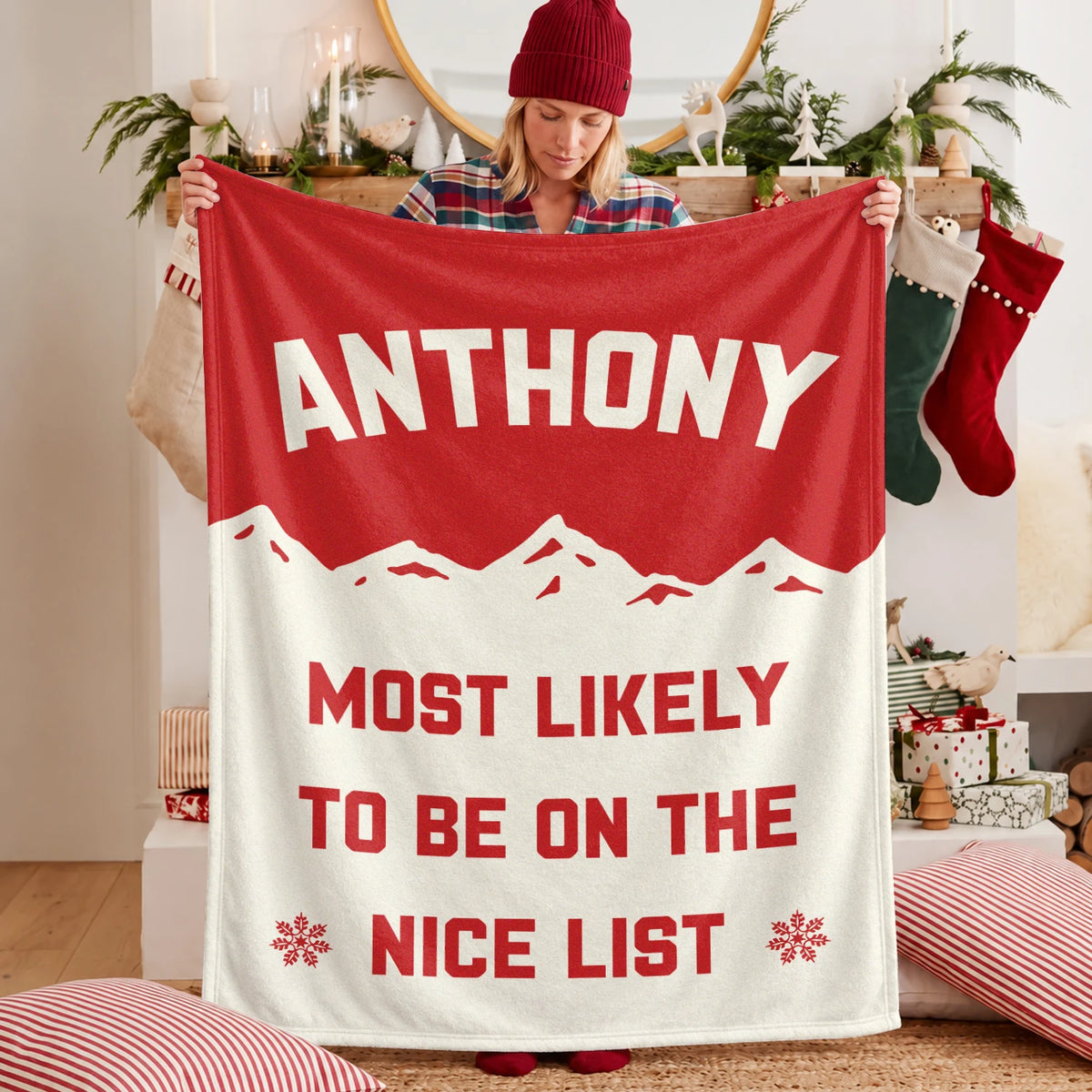Most Likely on the Nice List Red Vintage Christmas Fleece Blanket ANTHONY 13K1 BK63