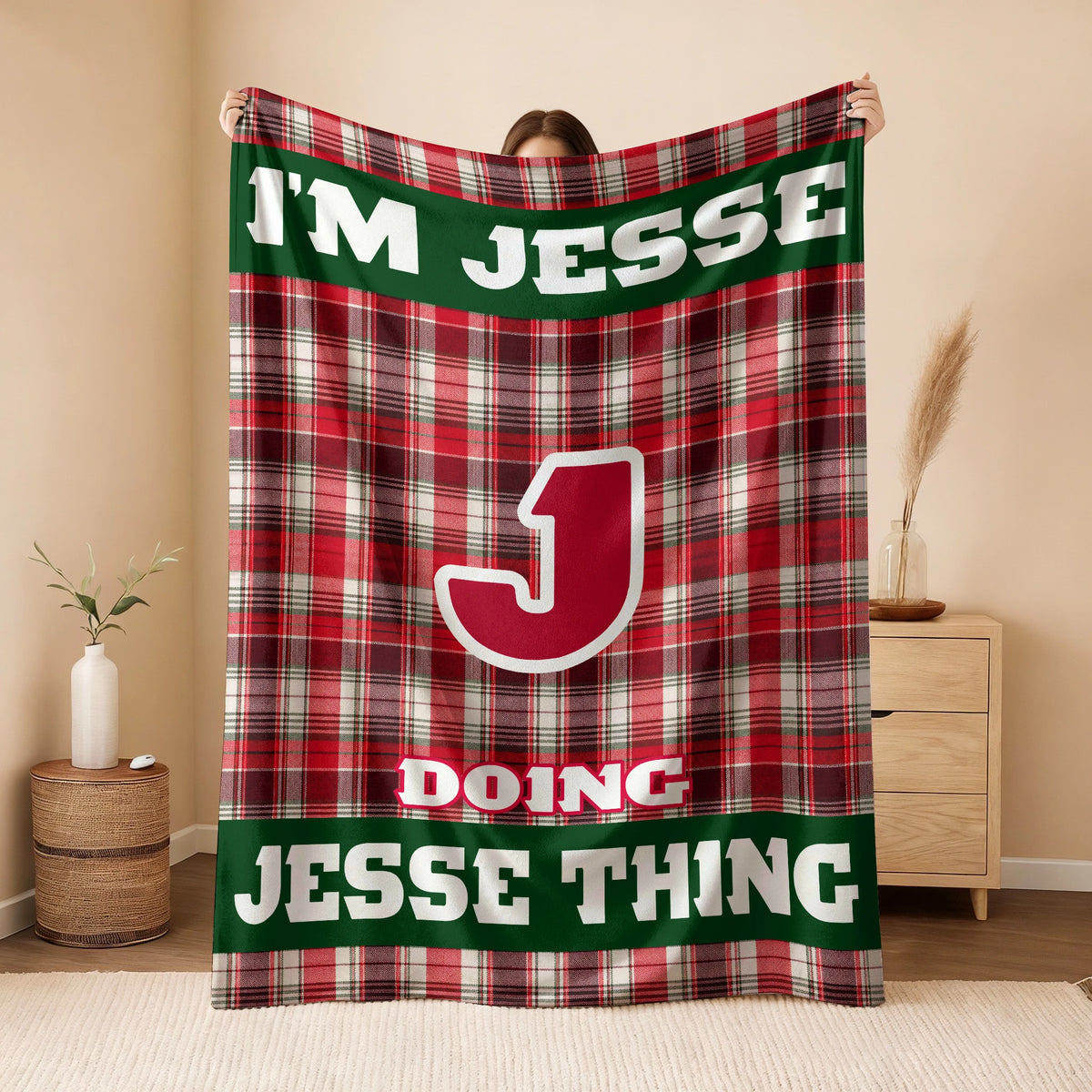 I'm Name Doing Name Things Red Plaid Fleece Blanket JESSE 13K1 BK49