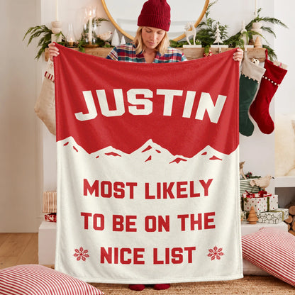 Most Likely on the Nice List Red Vintage Christmas Fleece Blanket JUSTIN 13K1 BK63