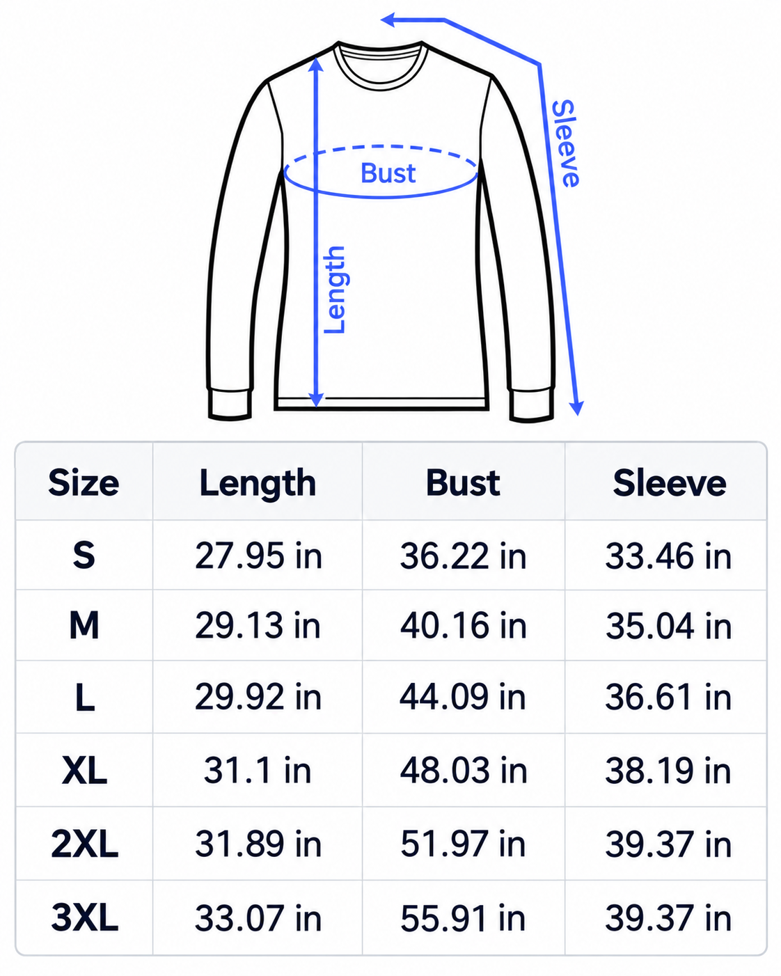 Men's Long Sleeved T-Shirt size chart