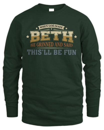When God Made Your Name Funny Heritage T-Shirt BETH M1-80 / Men's Long Sleeved T-Shirt / forest green
