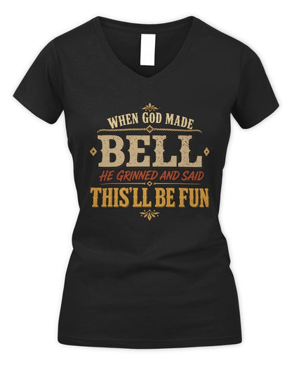 When God Made Your Name Funny Western T-Shirt BELL M1-81 / Women's V-Neck T-Shirt / black
