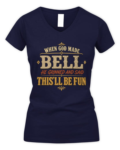 When God Made Your Name Funny Western T-Shirt BELL M1-81 / Women's V-Neck T-Shirt / navy