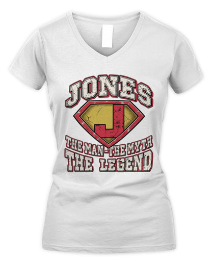The Man The Myth The Legend Superman Graphic T-Shirt JONES M1-74 / Women's V-Neck T-Shirt / white