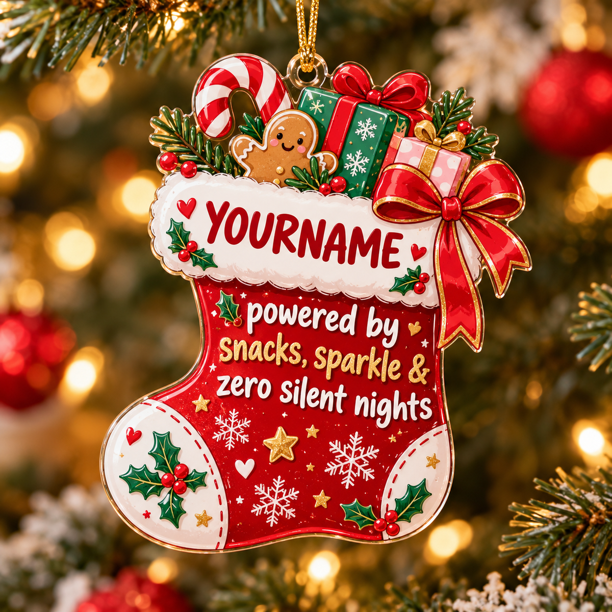 Powered By Snacks Sparkle & Zero Silent Nights - Personalized Acrylic Ornament