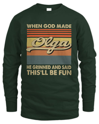When God Made Your Name He Grinned Vintage T-Shirt OLGA M1-55 / Men's Long Sleeved T-Shirt / forest green