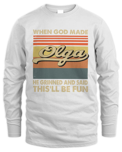 When God Made Your Name He Grinned Vintage T-Shirt OLGA M1-55 / Men's Long Sleeved T-Shirt / white