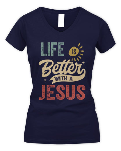 Life Is Better With a Name Personalized Retro T-Shirt JESUS-48 / Women's V-Neck T-Shirt / navy