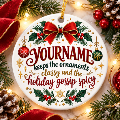 Keeps The Ornaments Classy And The Holiday Gossip Spicy - Personalized Ceramic Ornament